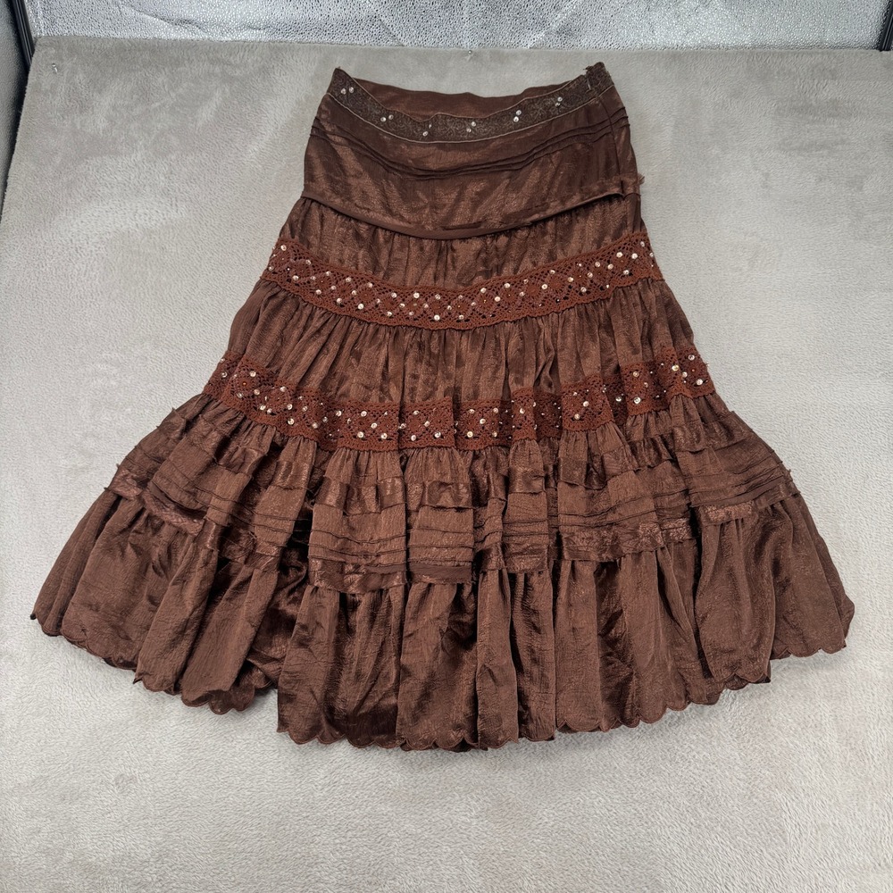VTG Y2K Miss Me Tiered Ruffle Maxi Skirt Womens M Brown Sequin Lace Trim Boho